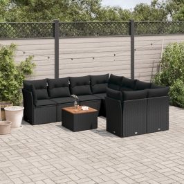Set de sofás de jardín 8 piezas y cojines ratán sintético negro