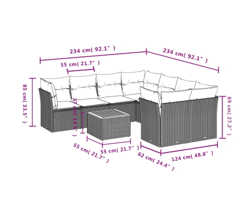 Set de muebles de jardín 9 pzas y cojines ratán sintético gris