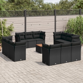 Set de sofás de jardín y cojines 13 pzas ratán sintético negro