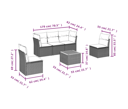 Set de muebles de jardín 6 pzas y cojines ratán sintético gris