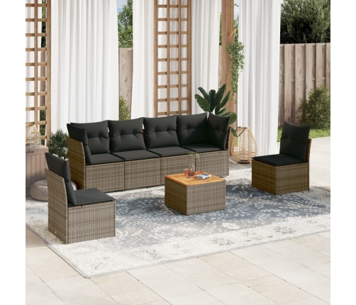 Set de sofás de jardín 7 piezas con cojines ratán PE gris