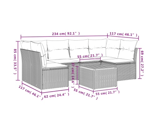 Set de comedor de jardín 7 pzas y cojines ratán sintético negro