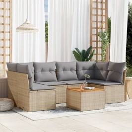 Juego de sofás jardín con cojines beige mezcla 7 pzas ratán PE