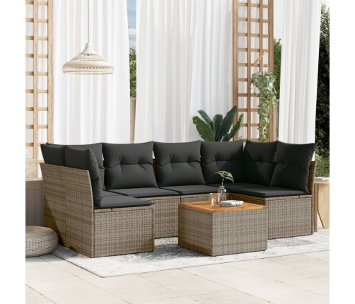 Set de sofás de jardín 7 piezas con cojines ratán PE gris