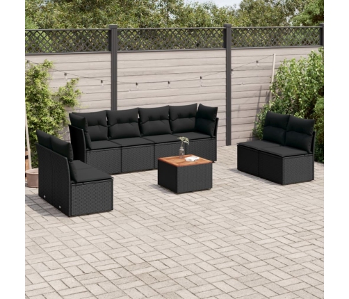Set de sofás de jardín 8 piezas y cojines ratán sintético negro