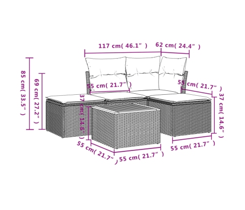 Set de muebles de jardín 5 pzas y cojines ratán sintético negro