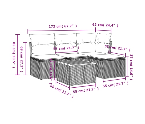 Set de muebles de jardín 5 pzas y cojines ratán sintético negro