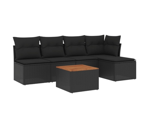 Set de sofás de jardín 6 piezas y cojines ratán sintético negro