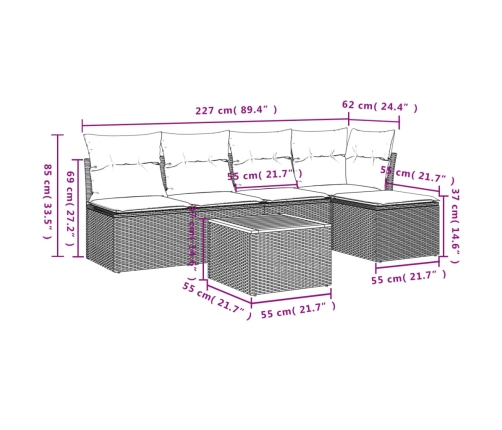 Set de muebles de jardín 6 pzas y cojines ratán sintético gris