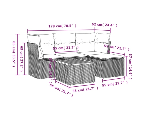 Set de muebles de jardín 5 pzas y cojines ratán sintético negro