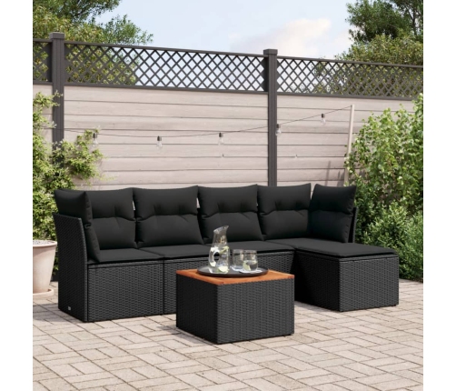 Set de sofás de jardín 6 piezas y cojines ratán sintético negro