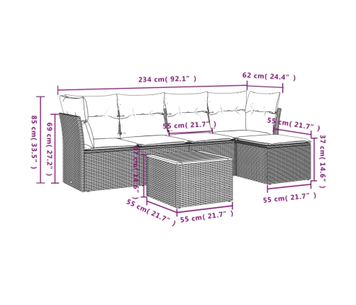 Set de muebles de jardín 6 pzas y cojines ratán sintético gris