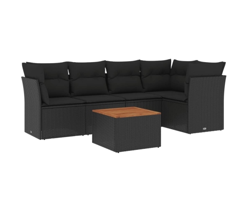 Set de sofás de jardín 6 piezas y cojines ratán sintético negro