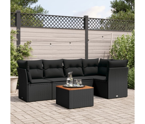 Set de sofás de jardín 6 piezas y cojines ratán sintético negro