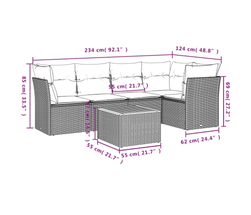 Set de muebles de jardín 6 pzas y cojines ratán sintético gris