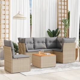 Juego de sofás jardín con cojines beige mezcla 6 pzas ratán PE
