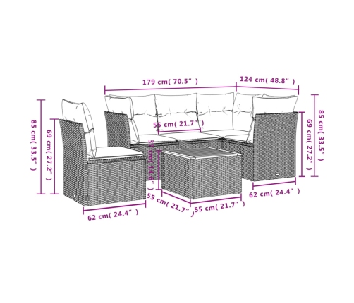 Set de muebles de jardín 6 pzas y cojines ratán sintético gris
