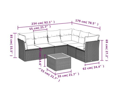 Set de sofás de jardín 7 piezas con cojines ratán PE gris