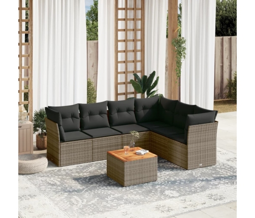 Set de sofás de jardín 7 piezas con cojines ratán PE gris