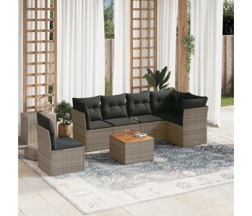 Set de sofás de jardín 7 piezas con cojines ratán PE gris