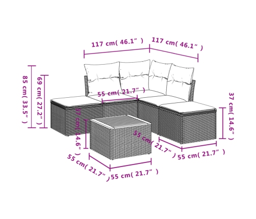 Set de muebles de jardín 6 pzas y cojines ratán sintético gris