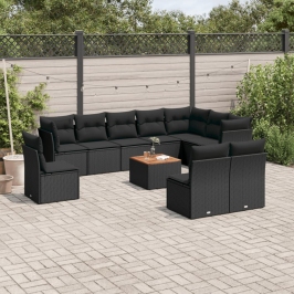 Set de sofás de jardín 11 pzas y cojines ratán sintético negro