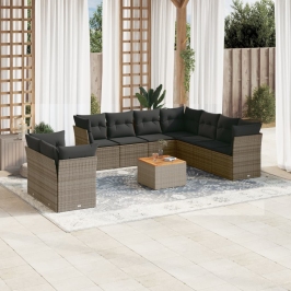 Set de sofás de jardín y cojines 10 pzas ratán sintético gris