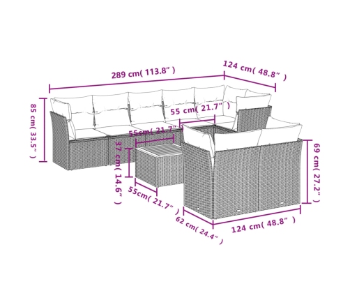 Set de sofás de jardín 9 pzas con cojines ratán sintético beige