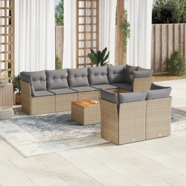 Juego de sofás jardín con cojines beige mezcla 9 pzas ratán PE