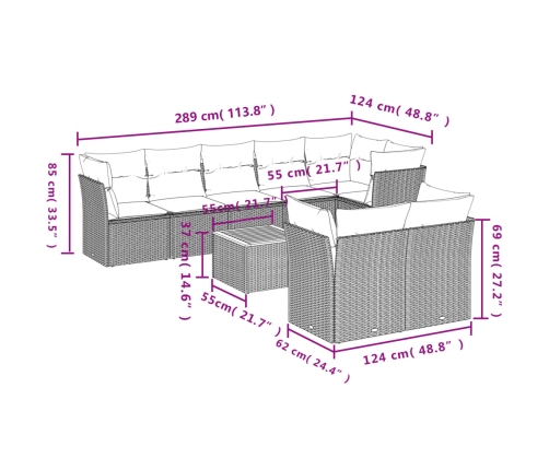 Set de muebles de jardín 9 pzas y cojines ratán sintético gris