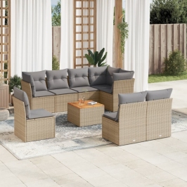Juego de sofás jardín con cojines beige mezcla 9 pzas ratán PE