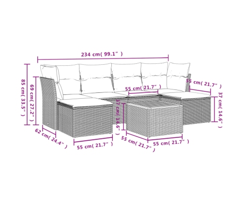Set de comedor de jardín 7 pzas y cojines ratán sintético negro