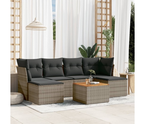 Set de sofás de jardín 7 piezas con cojines ratán PE gris