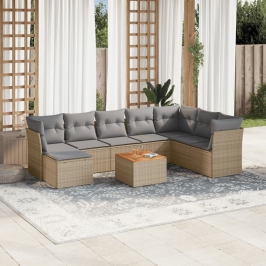 Juego de sofás jardín con cojines beige mezcla 9 pzas ratán PE
