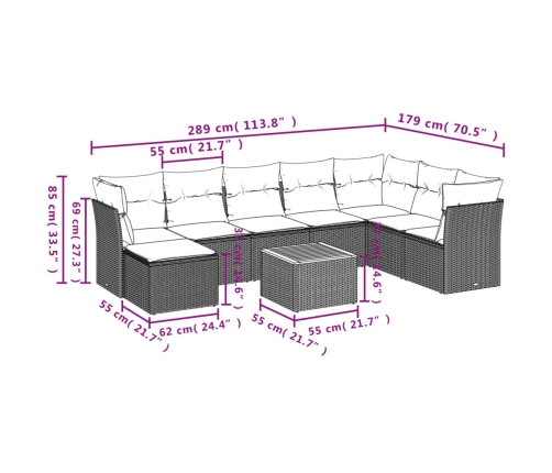 Set de muebles de jardín 9 pzas y cojines ratán sintético gris