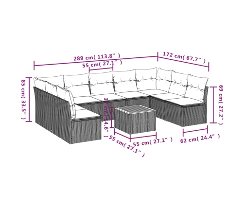 Set de sofás de jardín 10 pzas cojines ratán sintético negro