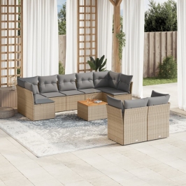 Juego de sofás jardín con cojines beige 10 pzas ratán sintético