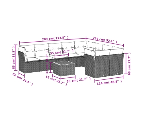 Set de sofás de jardín 10 pzas cojines ratán sintético negro
