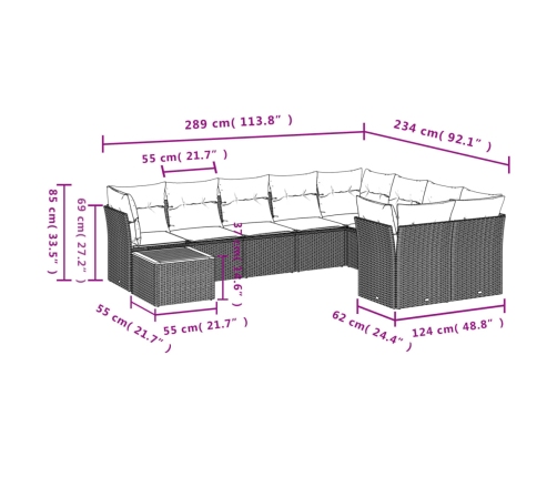 Set de sofás de jardín 10 pzas con cojines ratán sintético gris