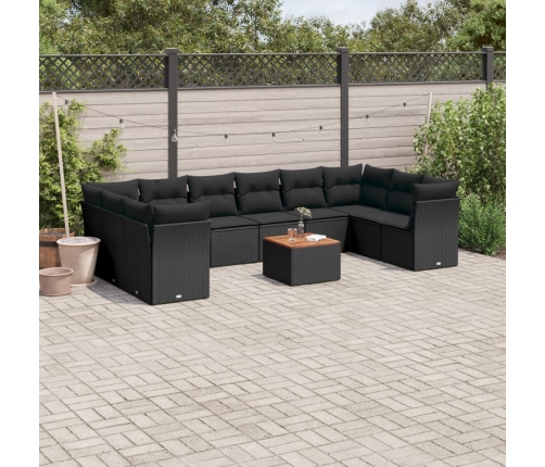 Set de sofás de jardín 11 pzas y cojines ratán sintético negro