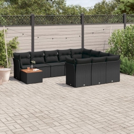 Set de sofás de jardín 11 pzas y cojines ratán sintético negro