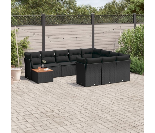 Set de sofás de jardín 11 pzas y cojines ratán sintético negro