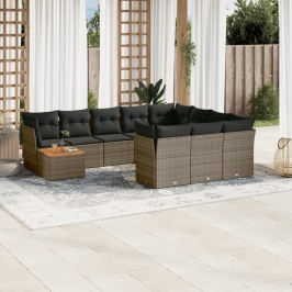 Set de sofás de jardín 11 pzas y cojines ratán sintético gris