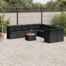 Set de sofás de jardín 11 pzas y cojines ratán sintético negro
