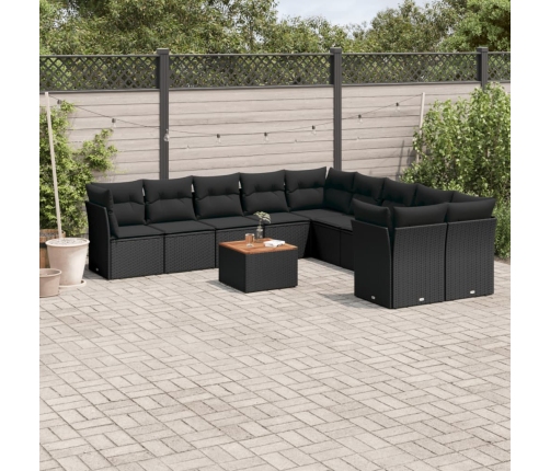 Set de sofás de jardín 11 pzas y cojines ratán sintético negro