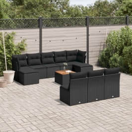 Set de sofás de jardín 11 pzas y cojines ratán sintético negro