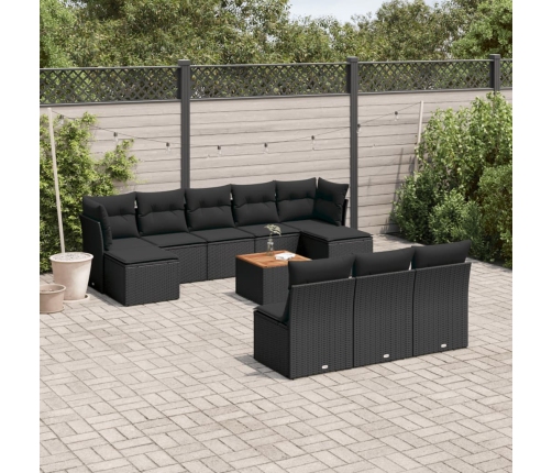 Set de sofás de jardín 11 pzas y cojines ratán sintético negro