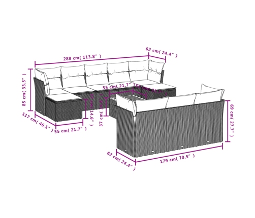 Set de sofás de jardín 11pzas con cojines ratán sintético beige