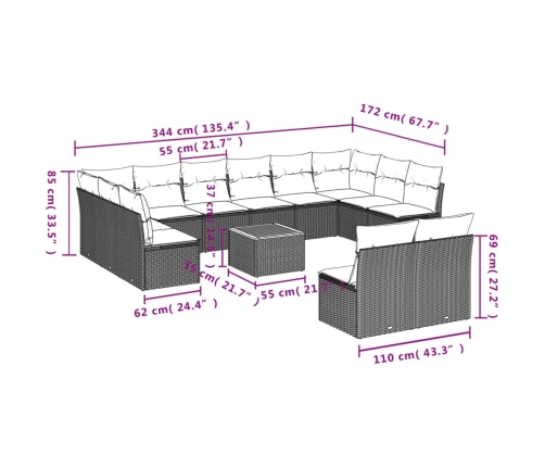 Set de sofás de jardín y cojines 13 pzas ratán sintético negro