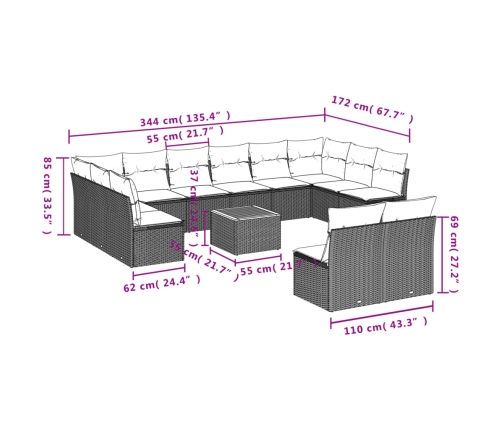 Set sofás de jardín con cojines 13 pzas ratán sintético beige